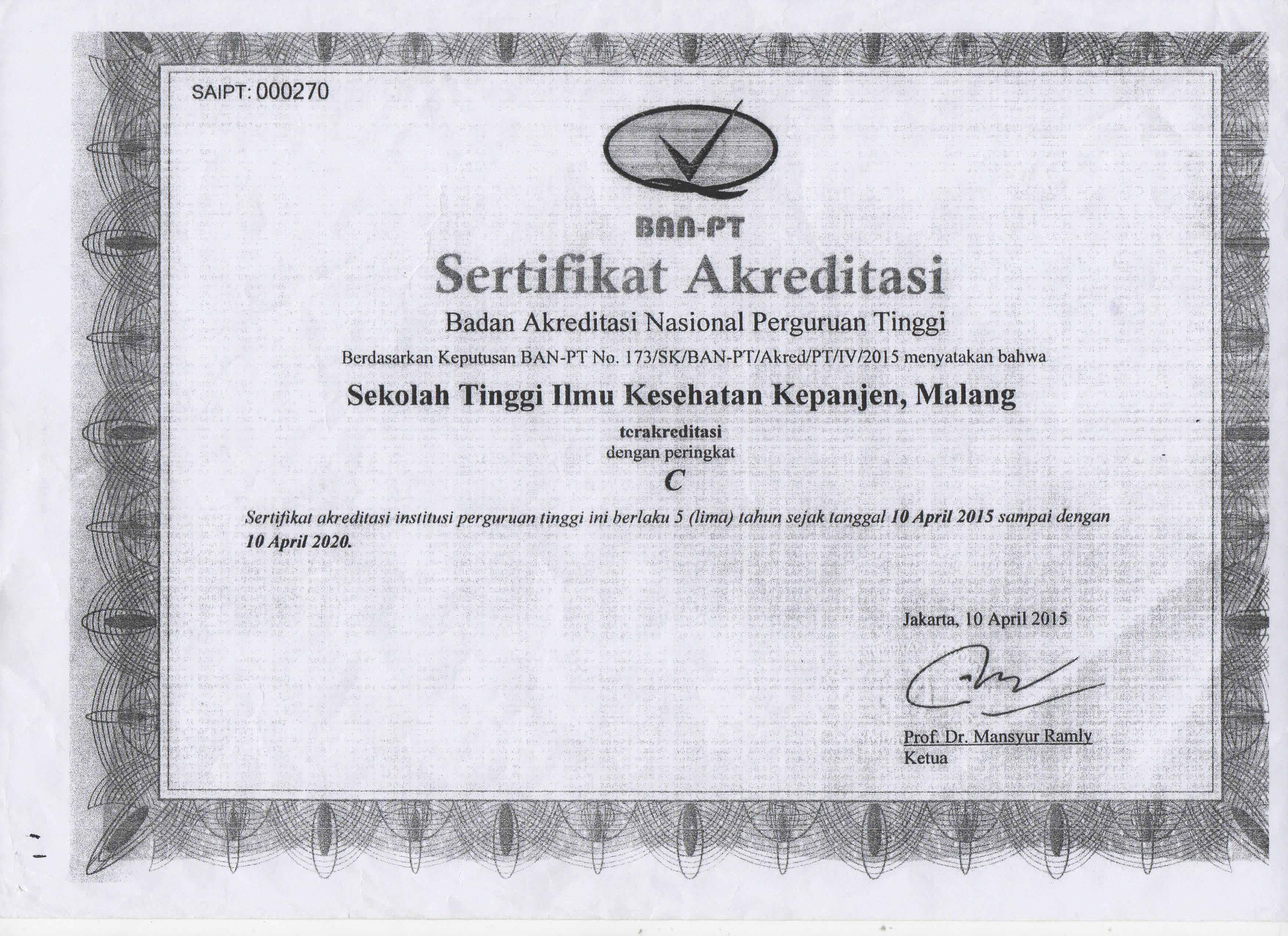 Sertifikat Akreditasi Perguruan Tinggi (STIKes Kepanjen Malang) tanggal 19 April 2015